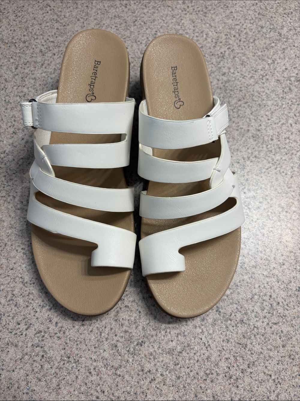 BareTraps White Strappy Slide Sandals with Tan Footbed